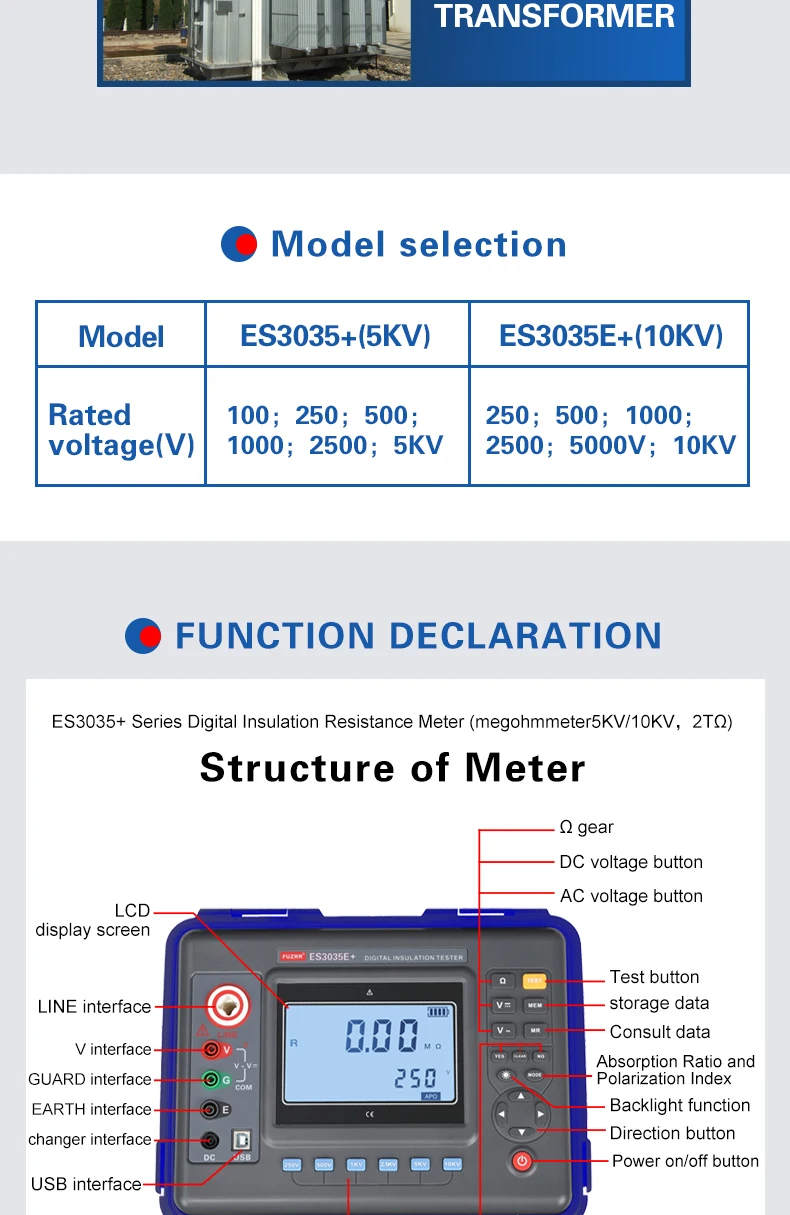 FUZRR ES3035E+ ES3035+ Digital Insulation Resistance Tester 10KV Double Insulati