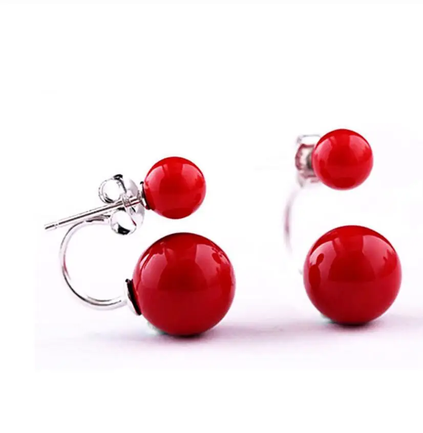 

New Pair Double Coral Red South Sea Shell Pearl Sterling Silver Earrings