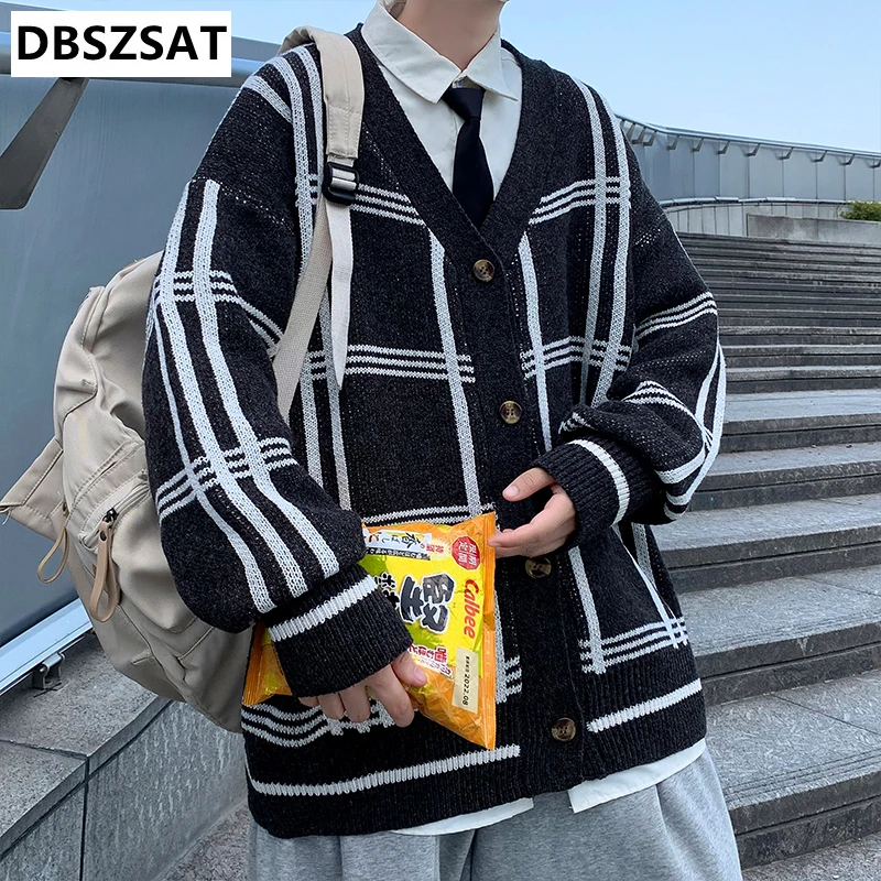 

2023 NEW Hip Hop Green Knit Sweater Men's Smiley Plaid Harajuku Oversized Casual Loose Crew Neck Pullover Unisex Autumn Winter