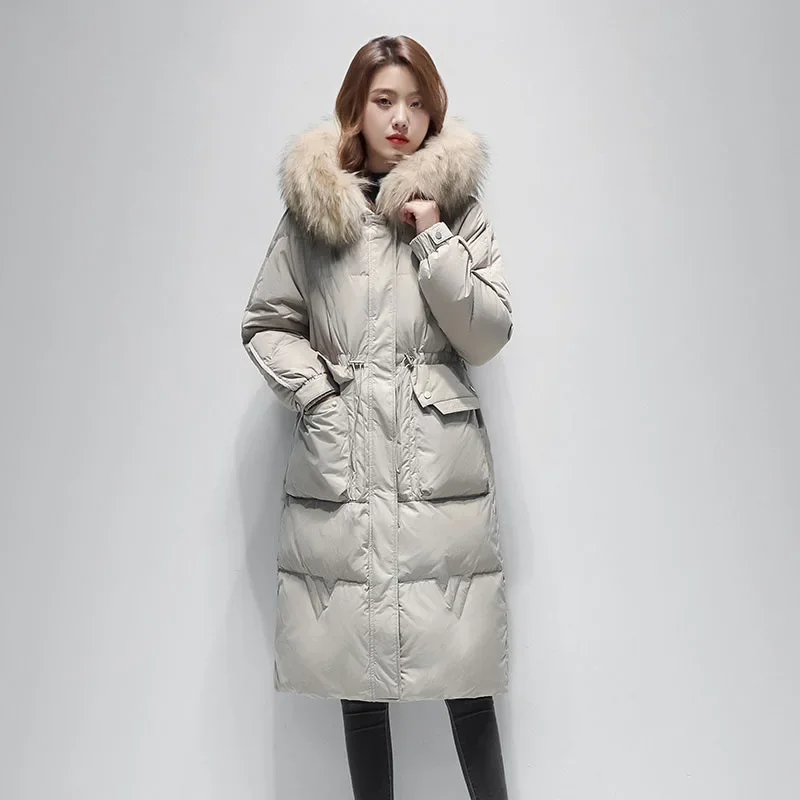 White goose down 2023 winter new down jacket for women's high-end and atmospheric mid length drawstring slimming down jacket