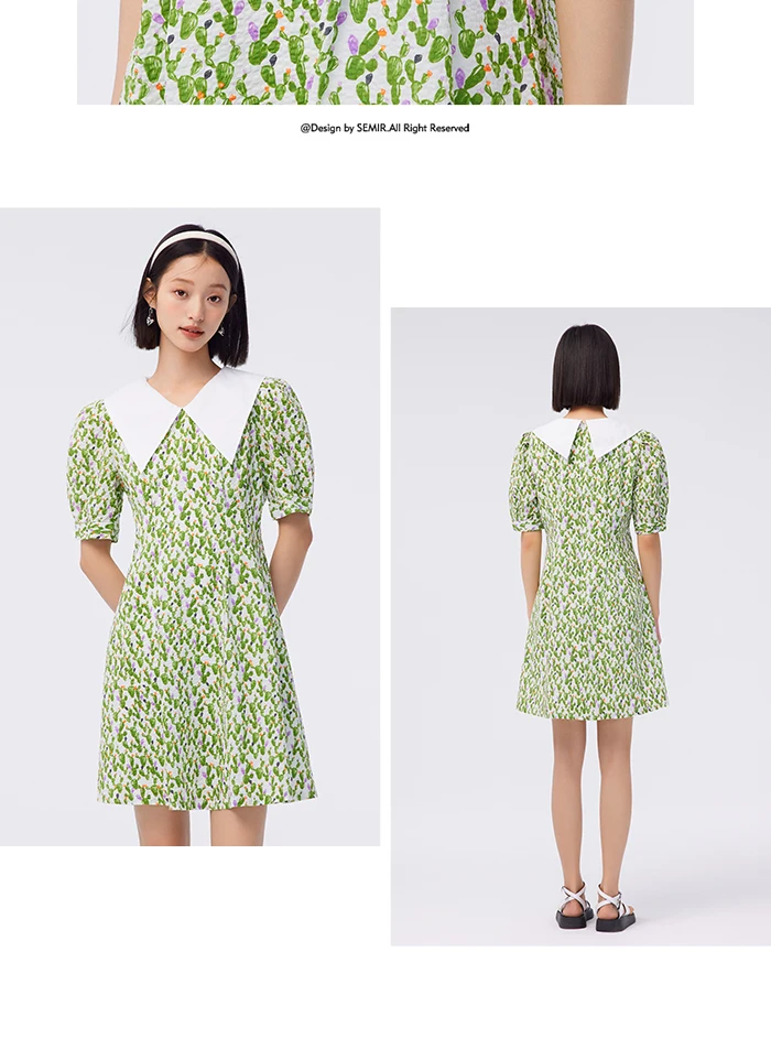 Dress Women Contrast Color Big Lapel Summer New Full Print Waist Textured Skirt Fresh For Women