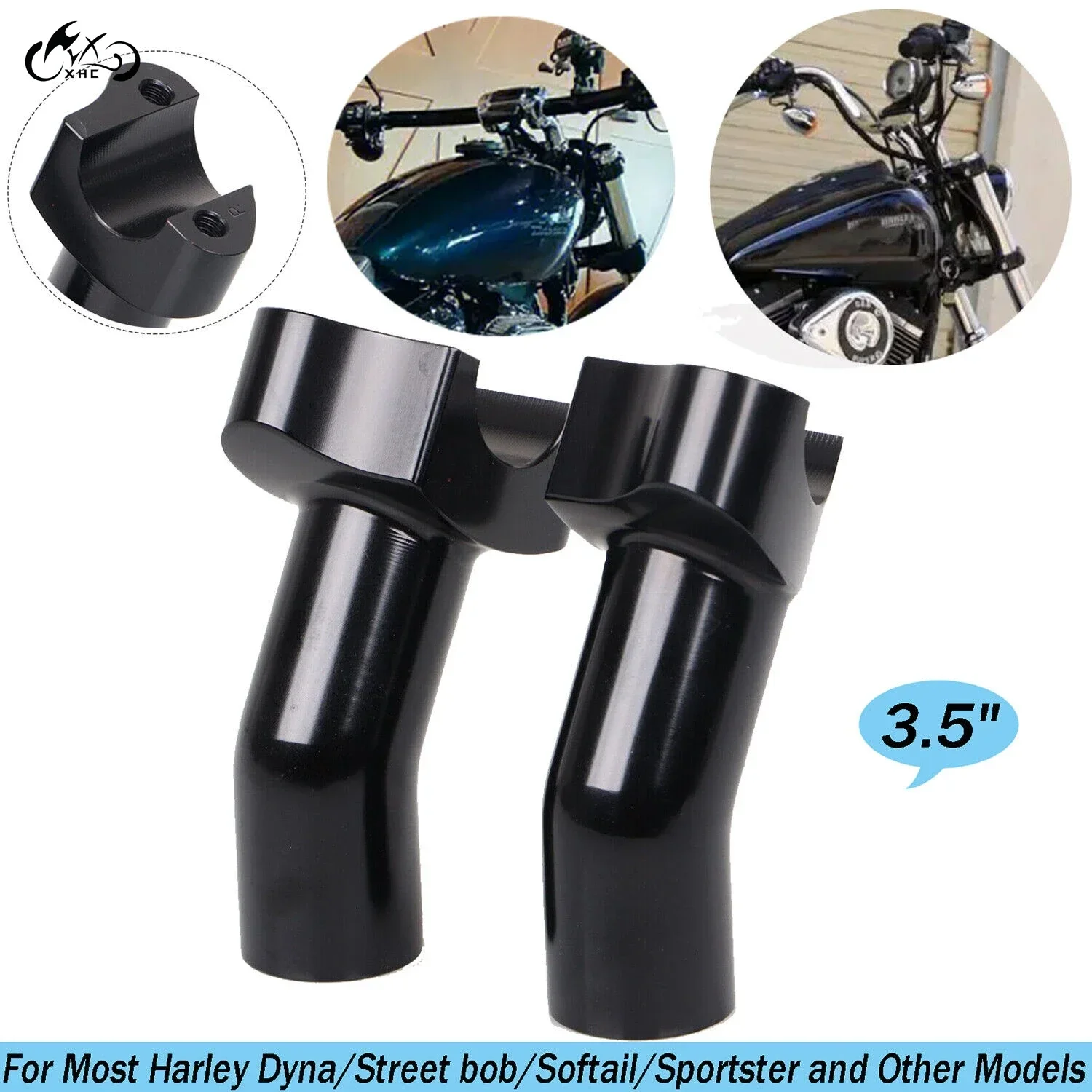 2X-Black-Motorcycle-3-5-Aluminum-Pullback-Handlebar-Risers-Mounts-Fits ...