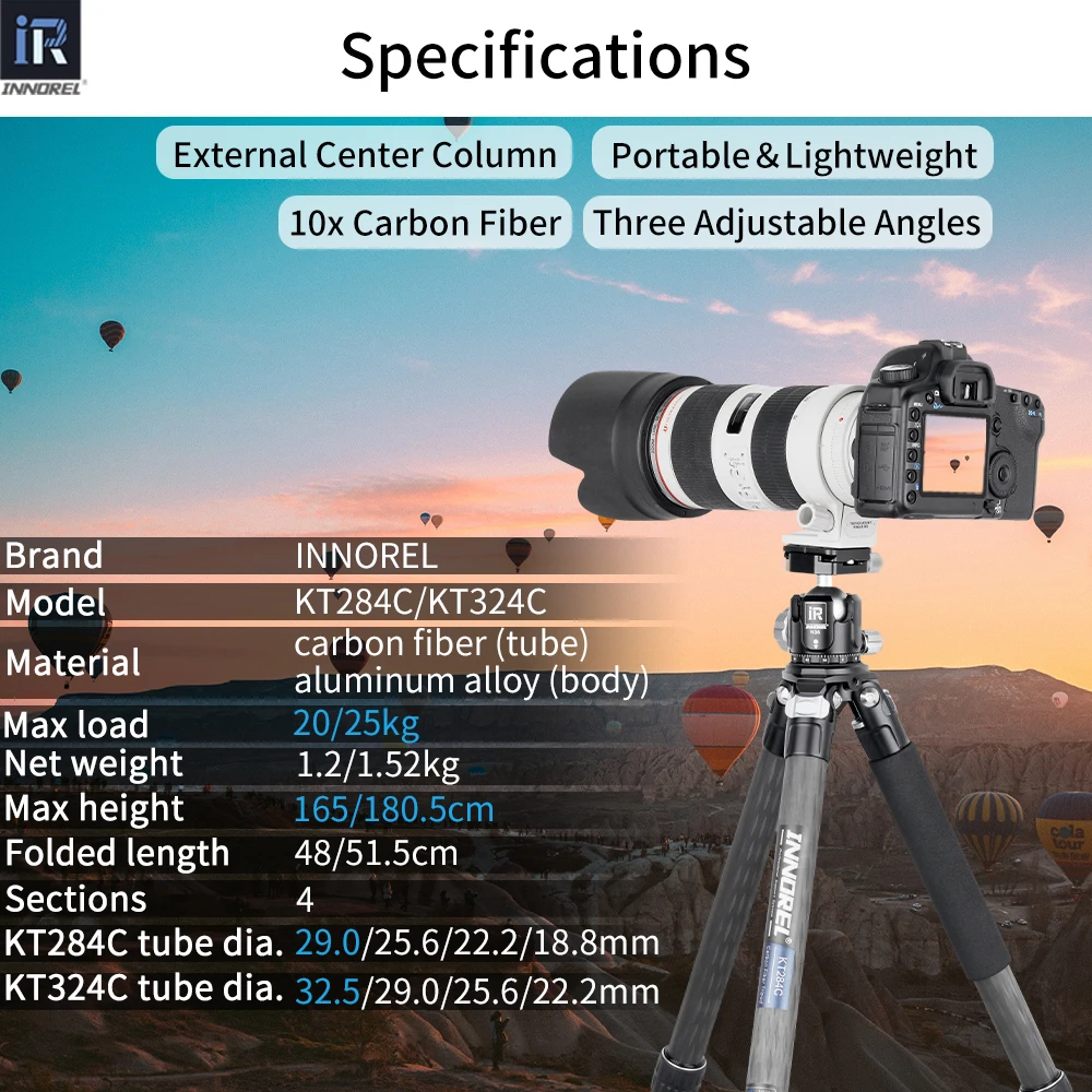 INNOREL KT284C/324C Professional Carbon Fiber Tripod DSLR Camera with Low Gravity Ballhead&Short Center Column