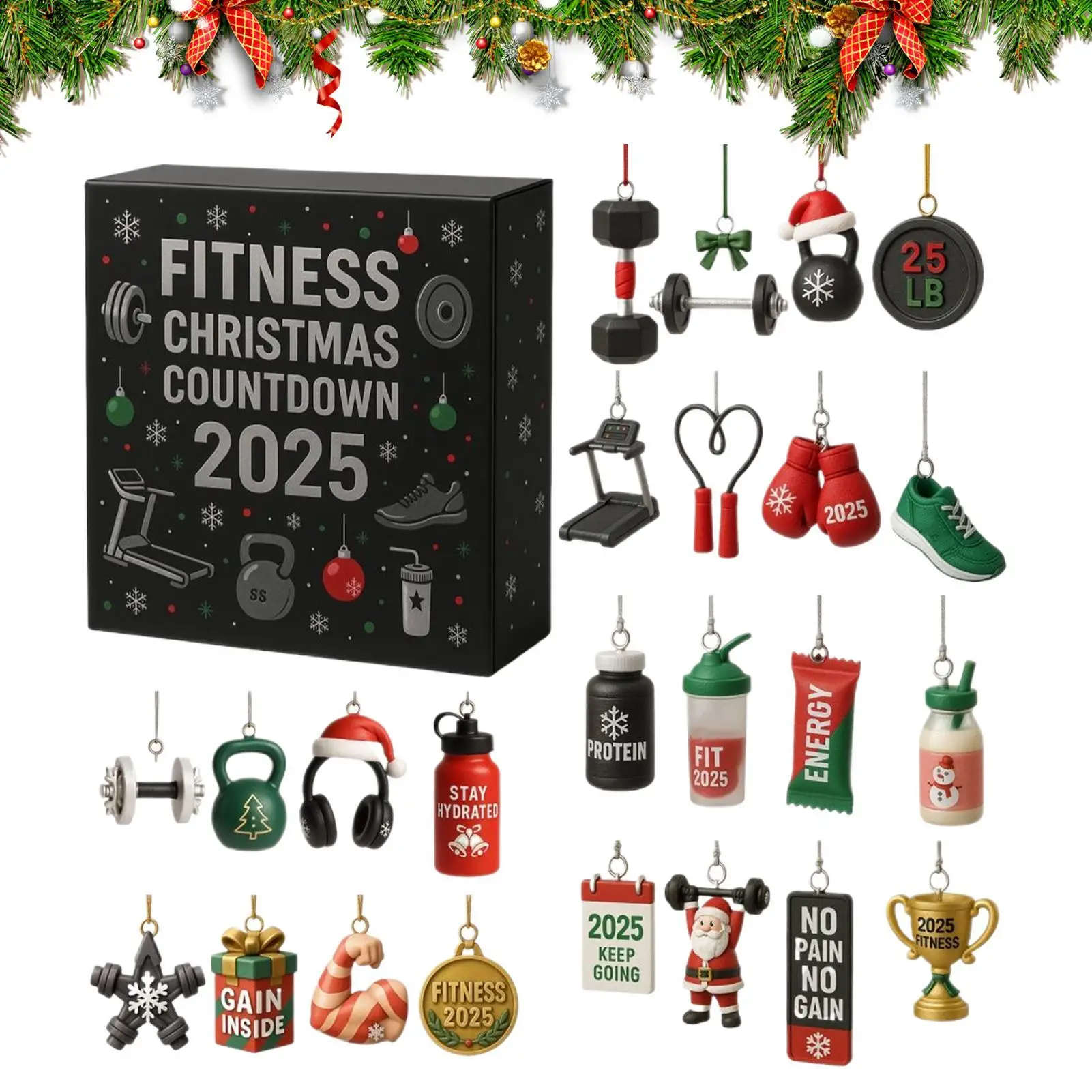 Christmas Countdown Calendar 2D Acrylic Ornament 24 Days Fitness Gear Christmas Ornaments for Christmas Party Home Gym Gifts