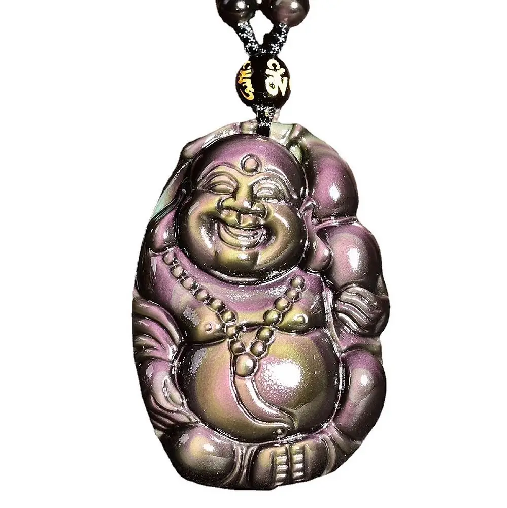 

Crystal Natural black Obsidian Maitreya Laughing Buddha Necklace Amulet pendant with chain