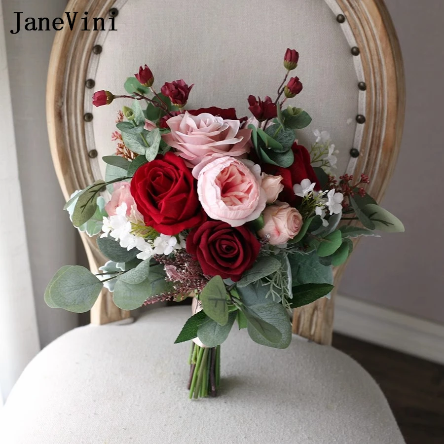 

JaneVini 2023 New Pink Red Wedding Flower Bridal Bouquet Fleur Mariage Artificial Rose Outside Bride Bouquets Buque De Flores