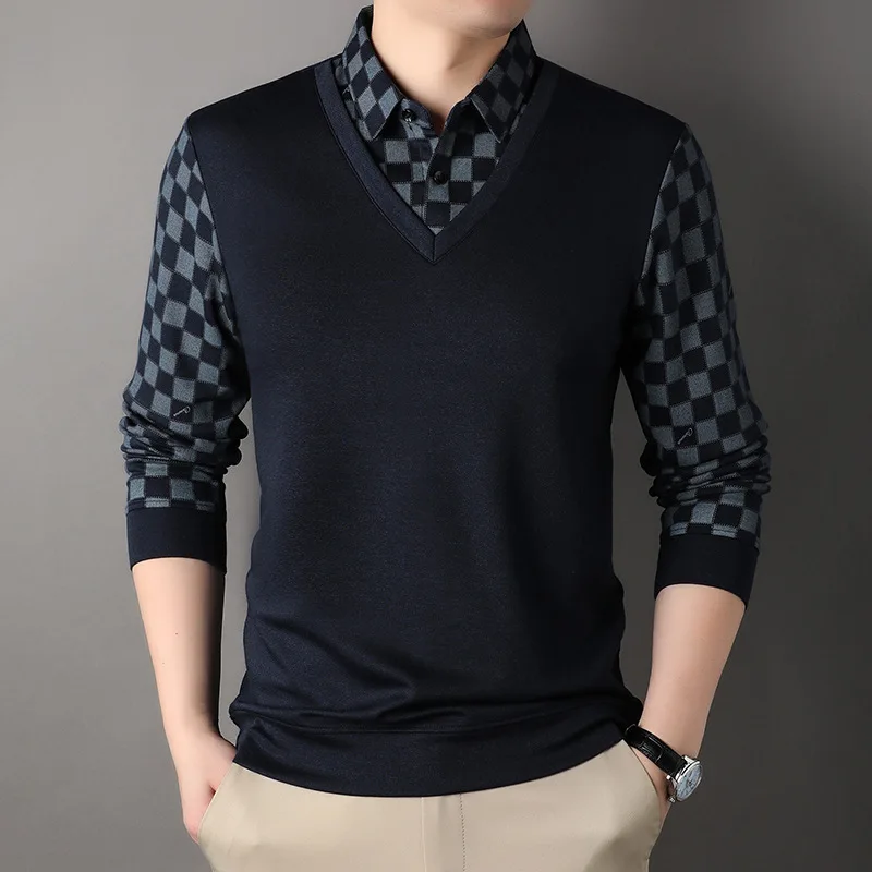 

Spring and Autumn Men's Pullover Button Contrast Plaid Panel Long Sleeve T-shirt Fake Two Piece Polo Bottom Fashion Casual Tops