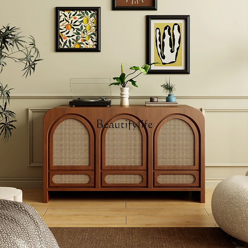 

French Retro Simple Rattan Sideboard Cabinet Mid-Ancient Solid Wood Living Room Storage Cabinet Affordable Luxury Style