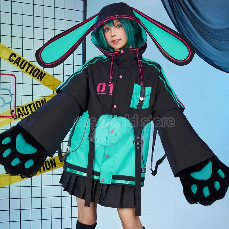 

Anime Miku Cosplay Costume Women Lolita Rabbit Ears Hooded Hoodies Miku Cute Kawaii Uniform With Paws Halloween Carnival Costume