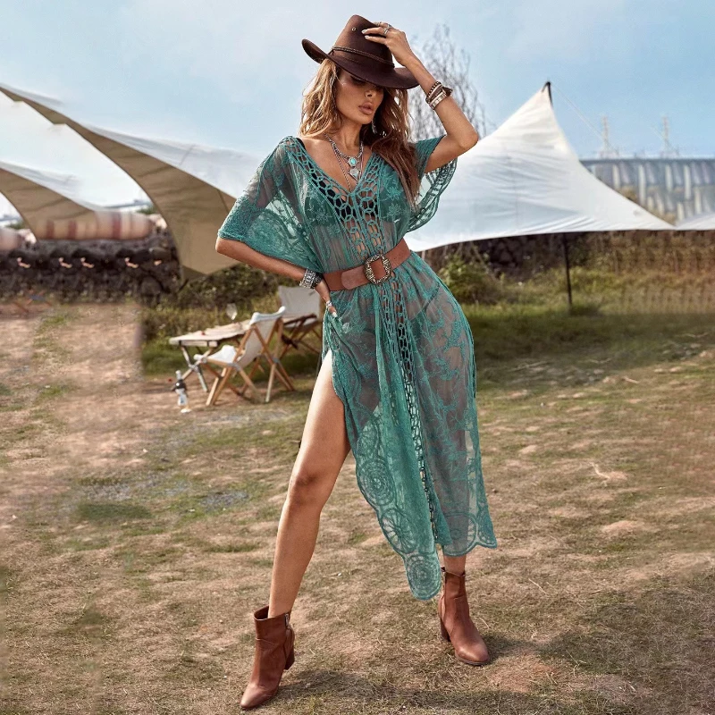 Crochet Cover Ups Women Summer 2023 Bikini Beach Dress Holiday Long Robes Lace Hollow Out Side High Split Maxi Vestidos