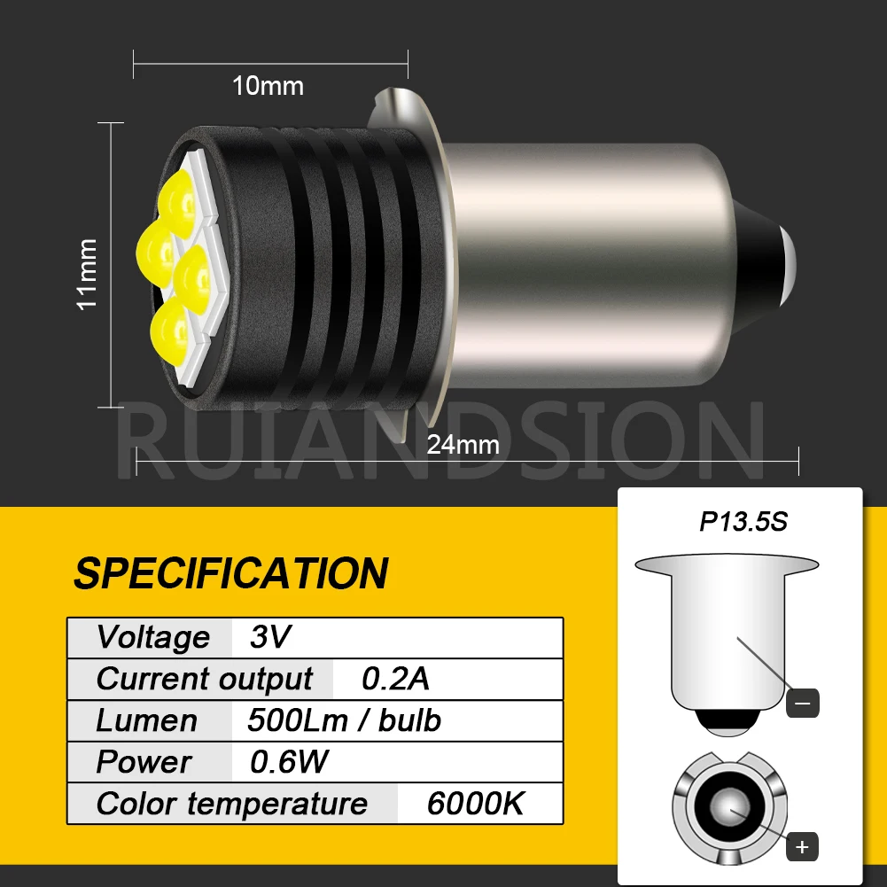 Ruiandsion 4PCS P13.5S 2.8-3V 0.6W PR2 PR3 LED Lamp 3V Flashlight Replacement Bulb Torches Work Light 500LM White