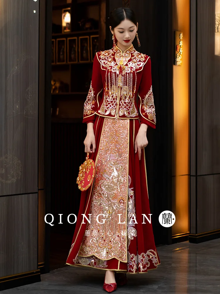 

Oriental Beading Cheongsam Bride Velour Wedding Dress Chinese Style Marriage Set Costume Sequins Tassels Toast Clothing