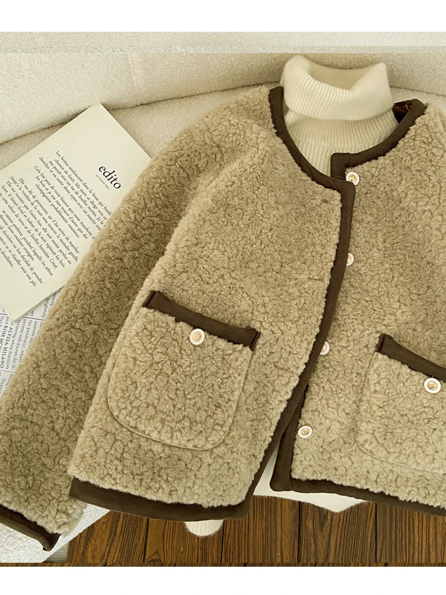 Korean-Style Round Neck Long Sleeve Women's Short Coat 2023 Autumn and Winter Fashion Commute Style Woolen Fur Faux Fur Coat