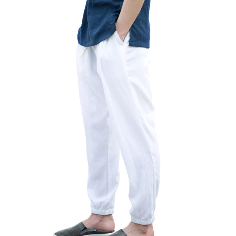 Белые Летние Мужские Брюки Mens Fashion White Linen Pants Jogging