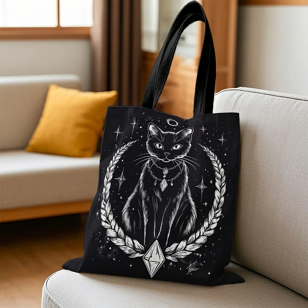 Sac cabas élégant à motif chat noir et croissant de lune – Sac à main bandoulière de haute qualité avec motif nuit étoilée_voghion.com