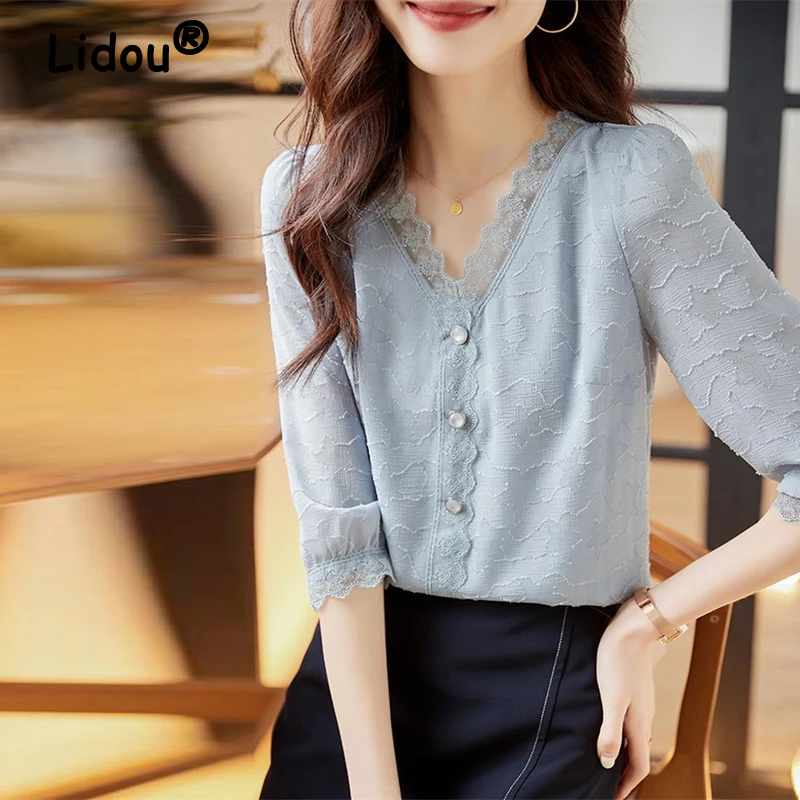 

Women Korean Fashion Lace Patchwork Sweet Chiffon Blouse 2024 Summer Elegant Chic V Neck Slim Shirt Casual Solid 3/4 Sleeve Tops