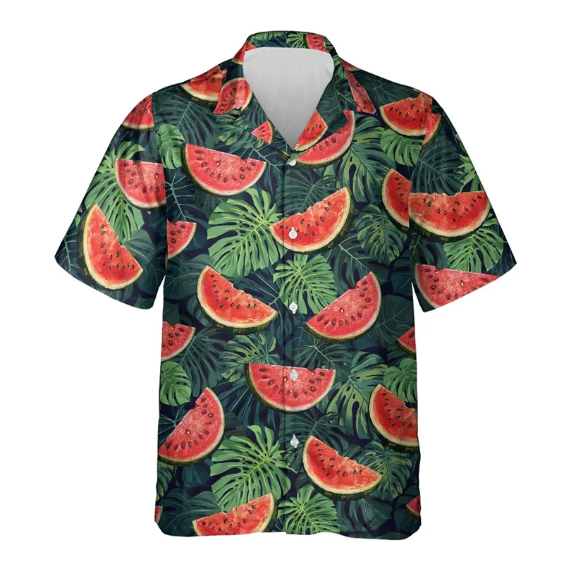 thumbnail image 1 of Camisa hawaiana con estampado de sandía para hombre, blusas con estampado 3D de frutas tropicales, blusas casuales de verano con botones, camisas Aloha de manga corta, 1 of 4