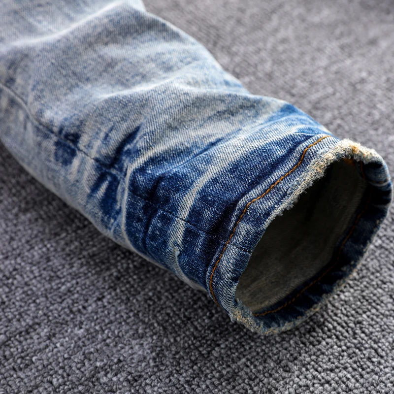 High Street Fashion Men Jeans Retro Washed Blue Stretch Skinny Fit Ripped Jeans Men Patched Designer Hip Hop Brand Pants Hombre
