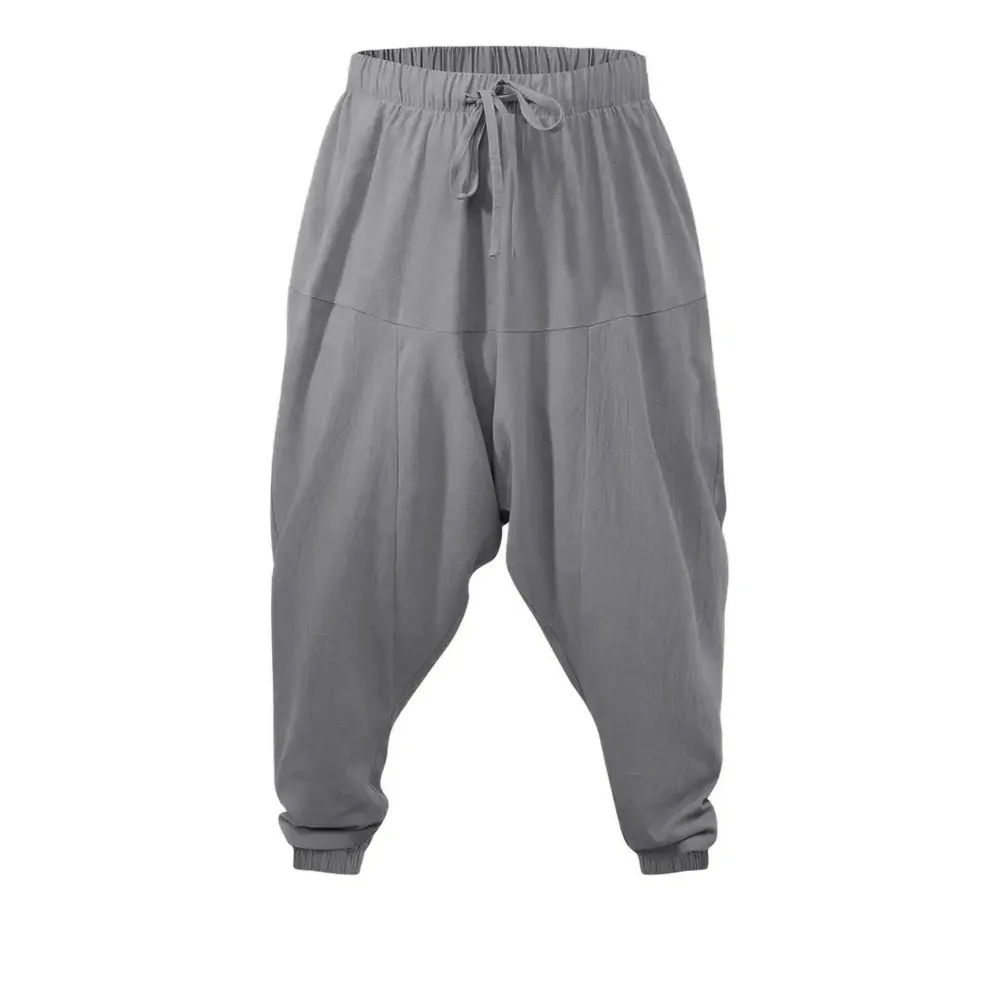 Harem Pants for Men Cotton Linen Drop Crotch Cozy Streetwear Loose Fit Breathable Lightweight Long Pants Male Joggers - 3