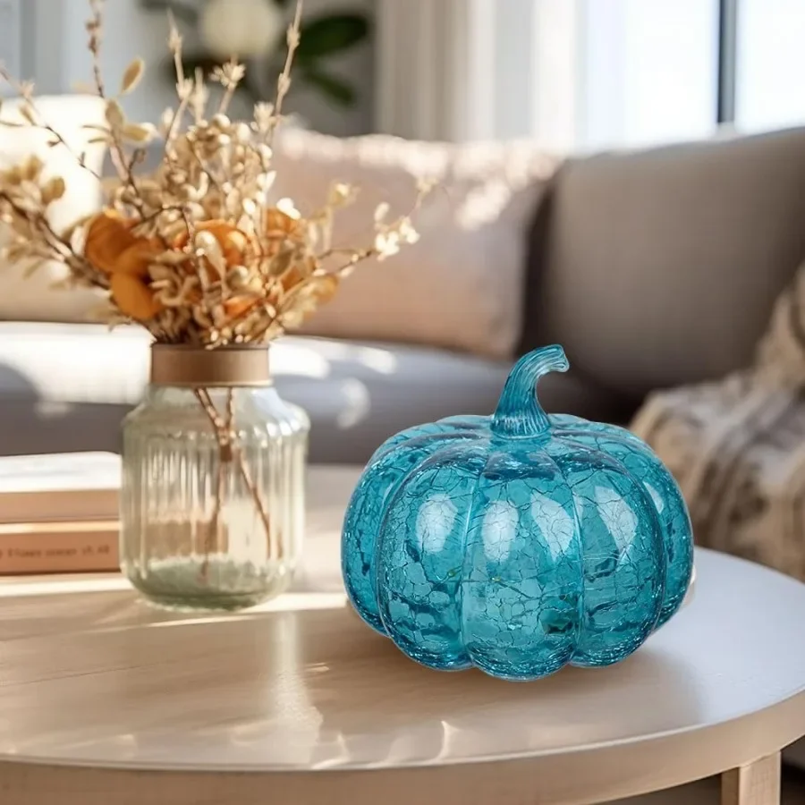 Aqua Blue Crackle Glass Pumpkin Twinkling Light with Timer for Fall and Halloween Decorations Ideal for Cozy Home Ambiance Fest