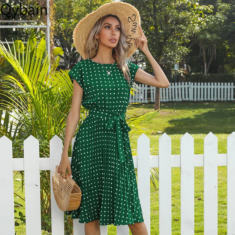 

Qybian 2024 Summer Short Sleeves Strappy Polka Dot Petite Flowy Pleated Dress Vestidos Femininos Frete Grátis