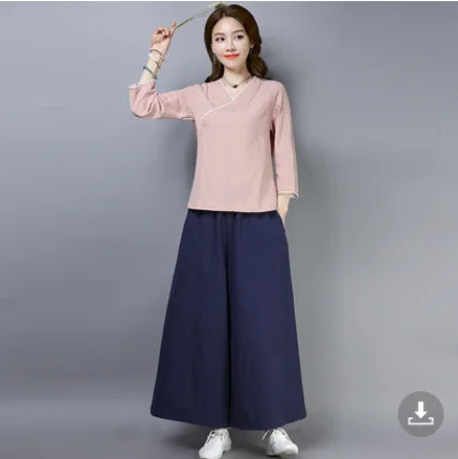 Cotton and Linen Yoga Suit Women Autumn Chinese Style Tea Art Suit Han Style Wide Leg Pants Two-piece Set