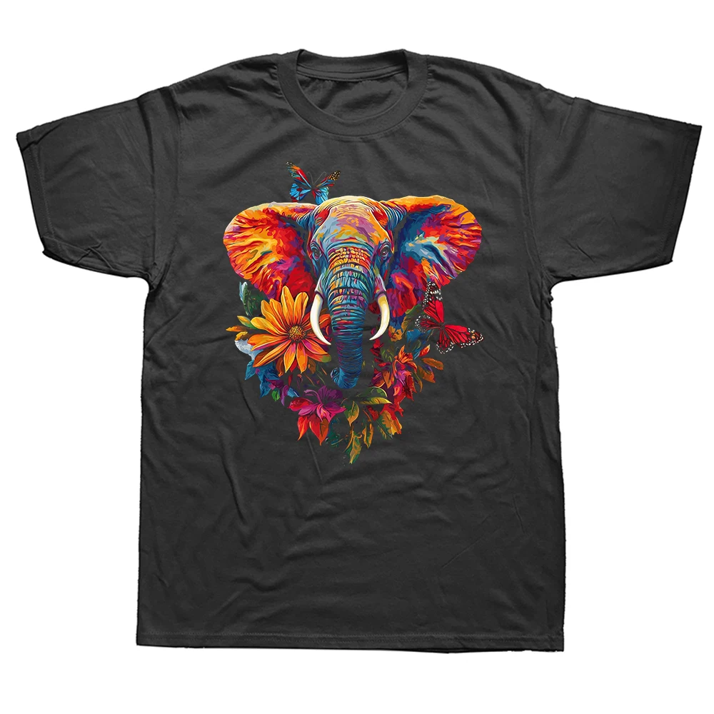 Elefanten-Blumen-Schmetterling-Tropen-T-Shirts für Männer, Baumwolle, Humor-Streetwear, Kurzarm-Unisex-Lose-Kleidung
