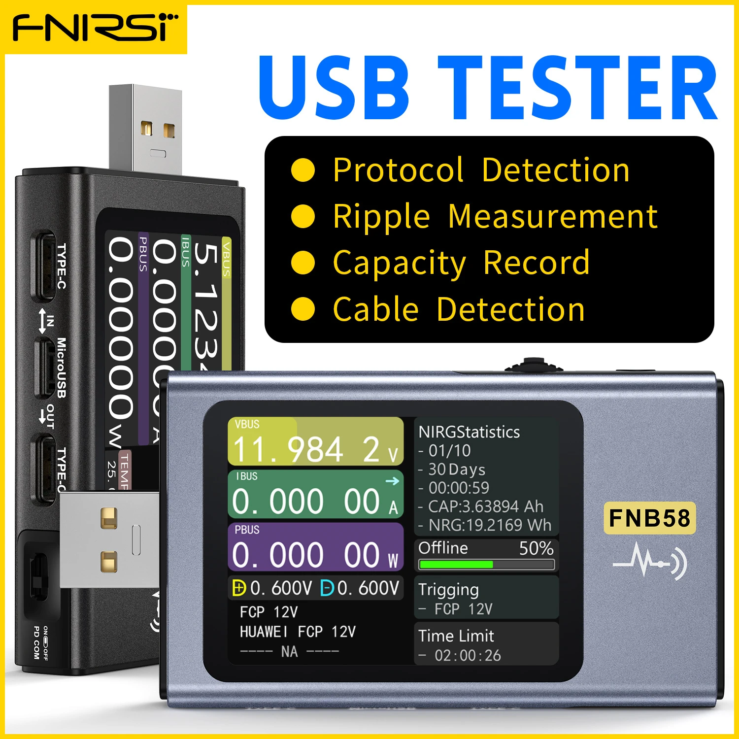 FNB58 USB Tester, USB Flow Meter with IPS Display for USB Interface