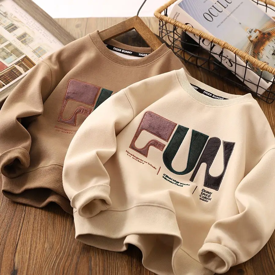 

Boys' round Neck Sweater 2023 Spring and Autumn New Children's Letter Embroidered Sports Top Children and Teens Long Sleeves