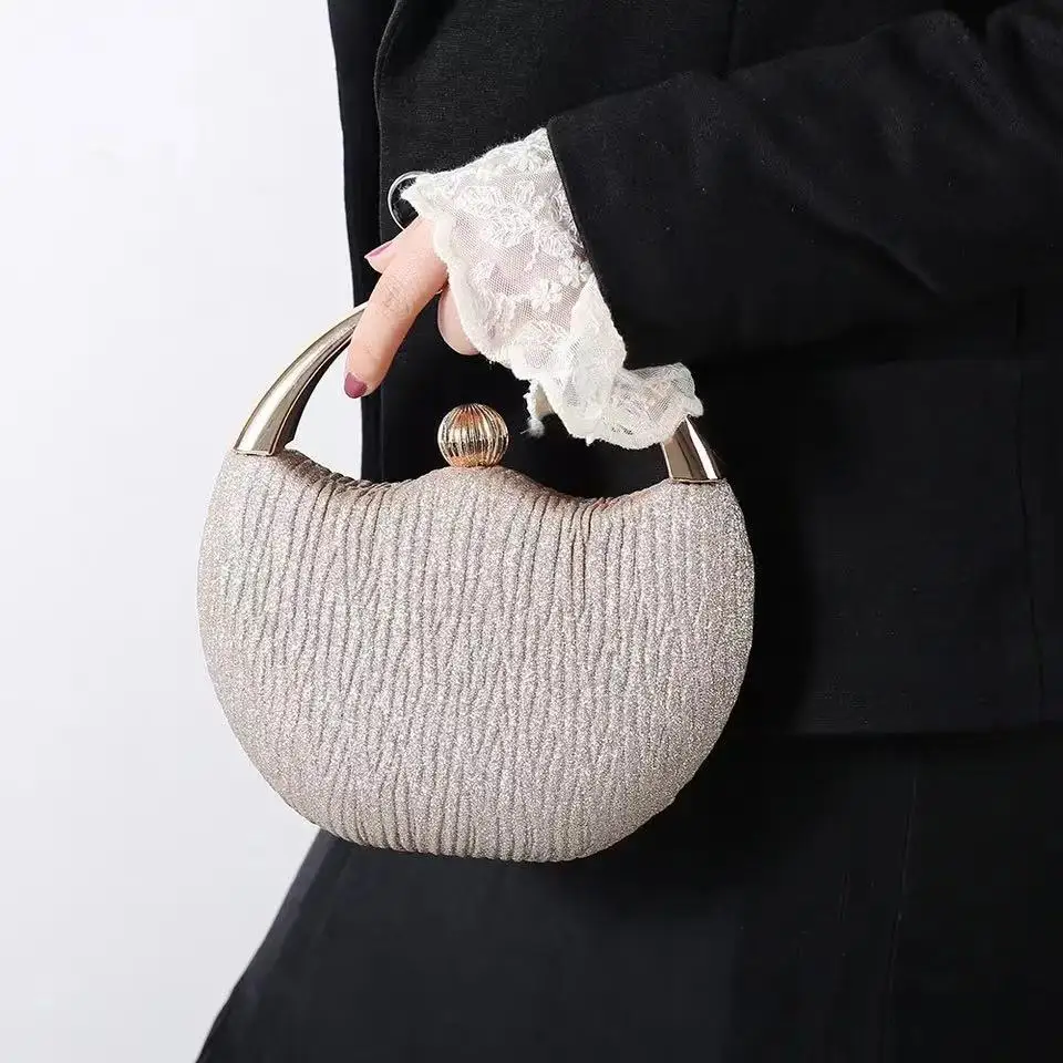 

YIYI Retro Women's Bag 2023 New Elegant Pleated Evening Bag Banquet Fashion Metal Handheld Shoulder Bag Round Bag