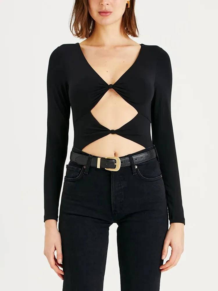 ECR Sexy Hollow Out Palysuits For Women V Neck Long Sleeve Solid Slimming High Waist Minimalist Summer Playsuits Female Fashion