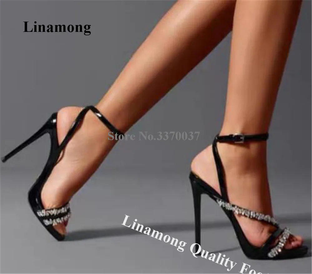 

Linamong Elegant Big Rhinestones Thin Heel Sandals Black Patent Leather Crystals Straps Stiletto Heel Shoes Party Dress Pumps