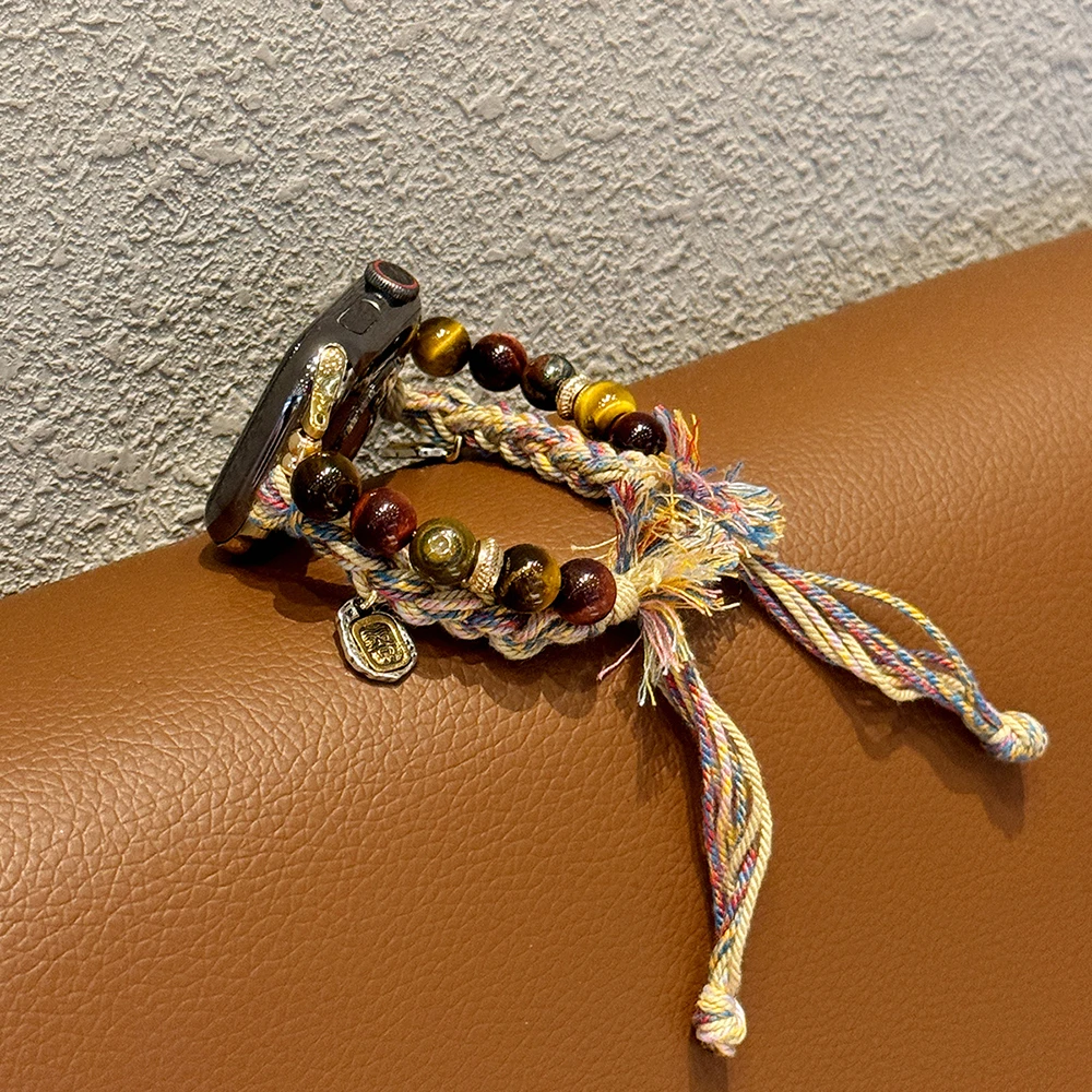 Natural Stone Tiger Eye Braided Band Women's Wrist Bracelet Watch Strap