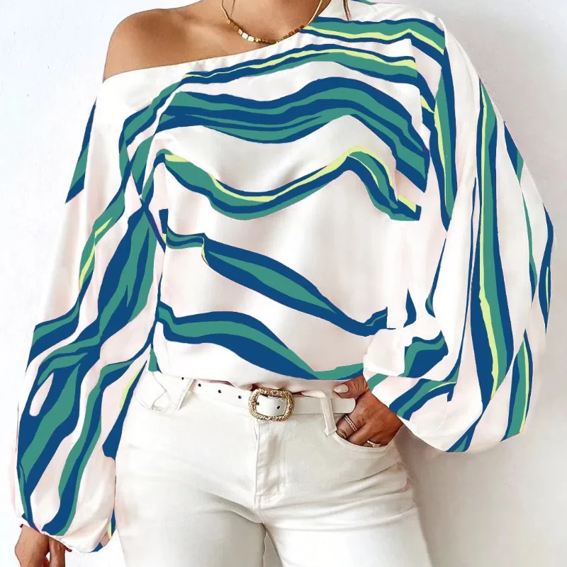 New women's clothing style off shoulder one collar printed loose top shirt 248