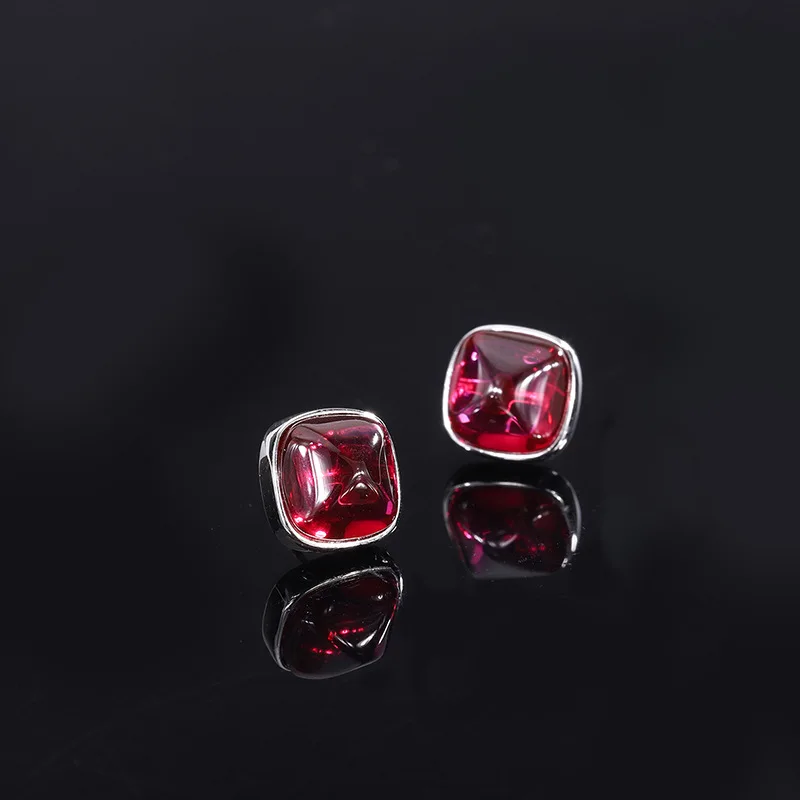 S925 Silver Imitation Colorful Treasure Emerald Red Treasure Blue Treasure Sugar Tower Simple Style Earrings 10 * 10