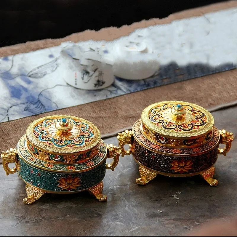 Copper Alloy Antique Incense Burner Aromatherapy Incense Burner Sandalwood Embossed Enamel Painted Temple Plate Incense Burner