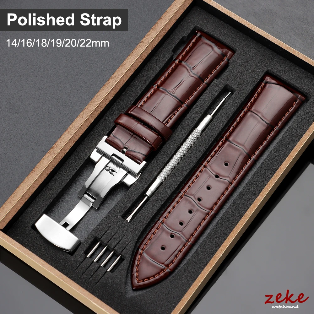 Luxurious Polished Genuine Leather Watch Band with Elegant Wooden Box and Butterfly Buckle - Available in Multiple Sizes