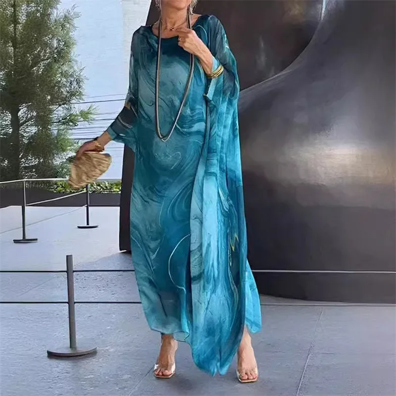 Women Elegant Marble Texture Print Dresses Chiffon See-Through Loose Bat  Sleeve Dress Autumn Female Commuter Casual O Neck Gown - AliExpress  200000345