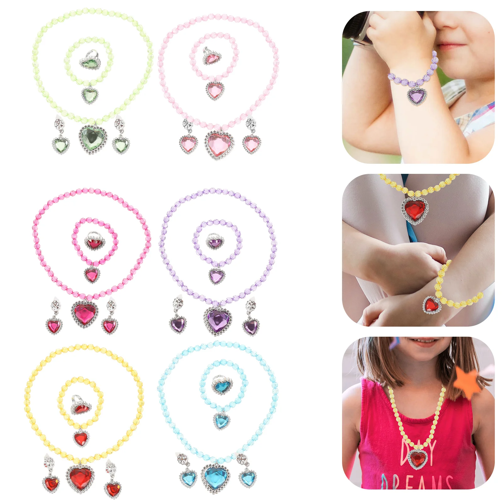 6 Sets Girls Jewelry Set Yellow Green Rose Necklace Bracelet Earrings Kids Dress Up Costume Accessory