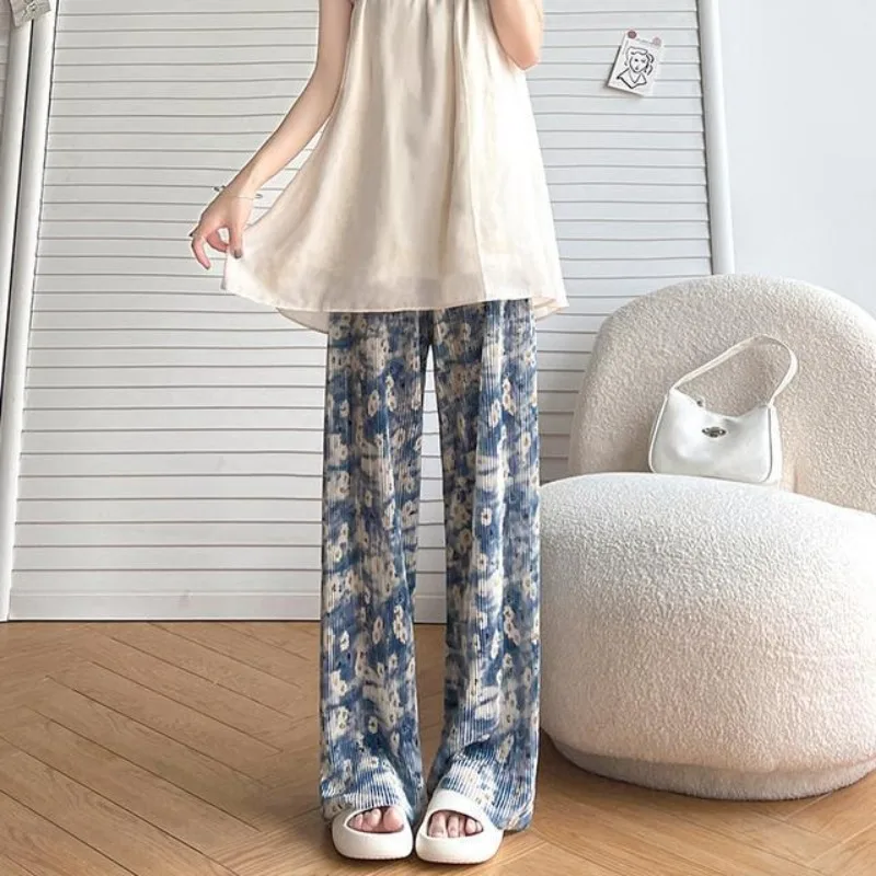 Women's 2024 Summer New Sweet Loose Printing Tie Dye Wide Leg Pants Elasticized High-waist Ruched Straight Casual Trousers