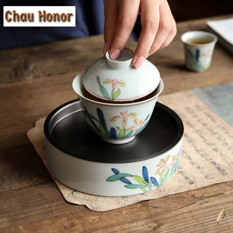 Underglaze Color Hand-painted Iris Flower Pot Handmade Saucer Round Ceramic Tea Tray Water Storage Kung Fu Tea Set Accessories