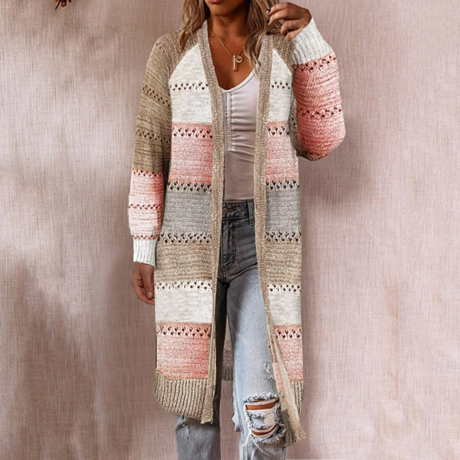Boho long sand open weave knit cardigan /XL...