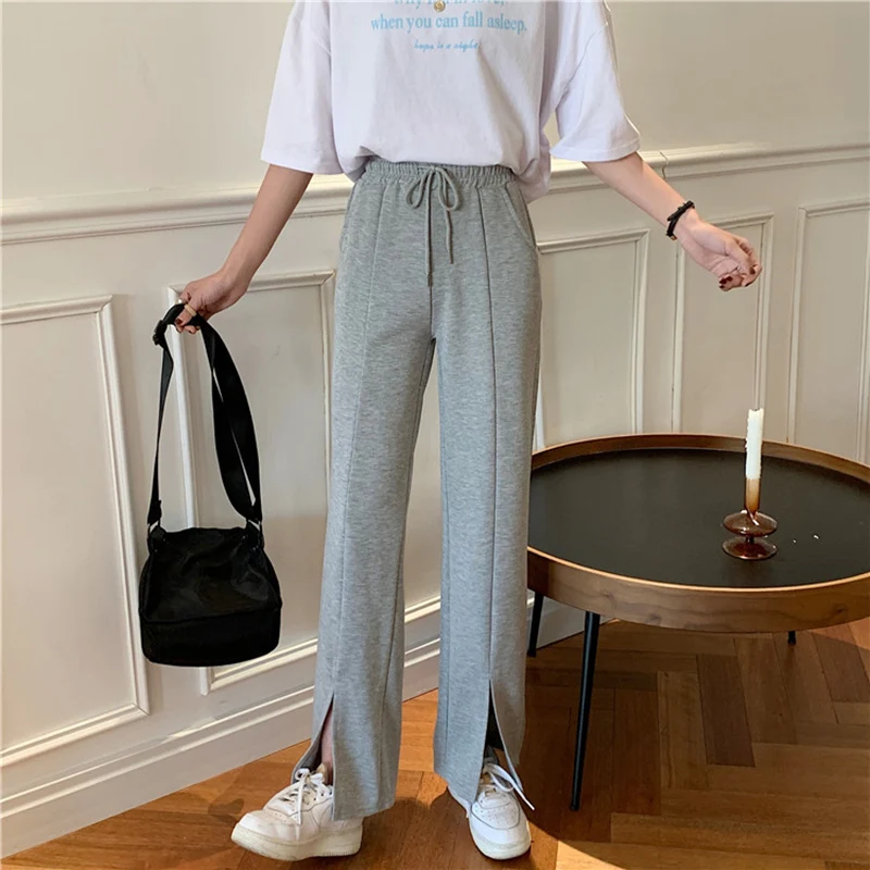 Split Wide Leg Pants Women's 2021 New High Waist Drape Thin Versatile Loose Straight Casual Sports Trousers for Female plaid pants