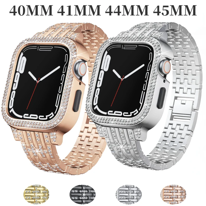 

Women Diamond Case+Metal Strap For Apple Watch Band 45mm 41mm 44mm 40mm Bracelet Wristband iWatch 8 7 6 5 4 SE Protective Shell