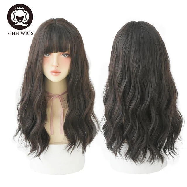 7JHH WIGS Blue Deep Wave Wig With Bangs For Women Long Omber Brown Hair Layered Heat Resistant Cosplay Party Synthetic Wig C8269-1