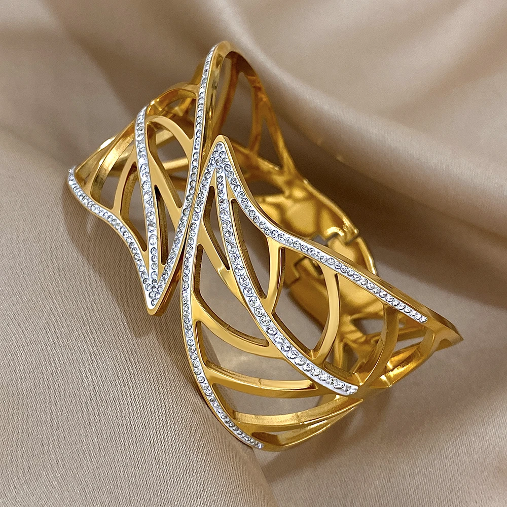 Klobige große Blätter-Edelstahl-Armbänder für Frauen, elegante eingelegte Strass-vergoldete Manschettenarmbänder, wasserdichter Schmuck – Detail 4