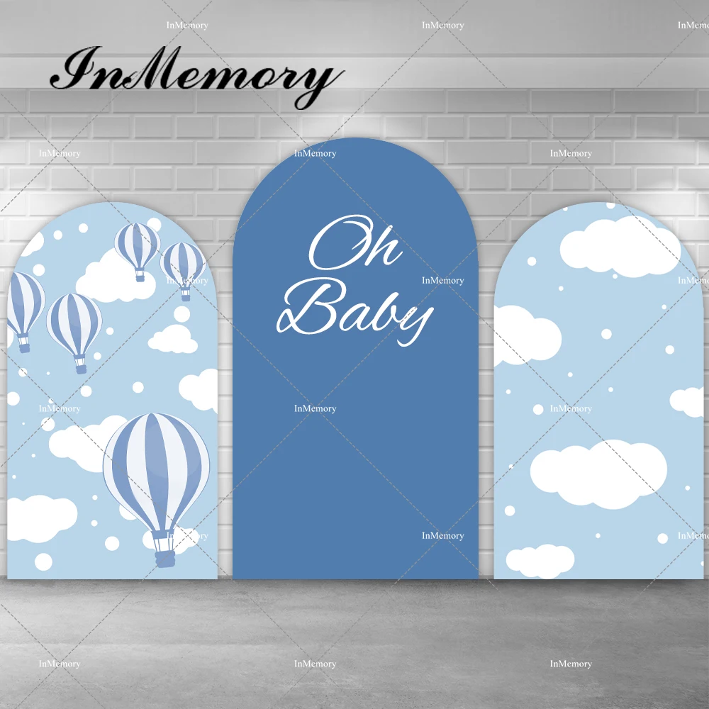 

Oh Baby Arch Backdrop Cover Blue Sky Clouds Hot Air Balloons Boys Newborn Baby Shower 1st Birthday Party Chiara Wall Background