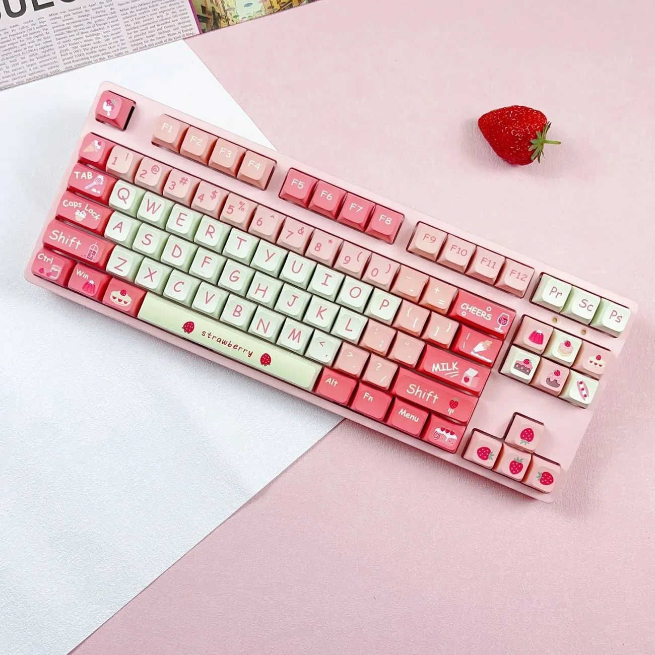 Cute Pink Strawberry Keycaps, Fruit Theme, PBT,