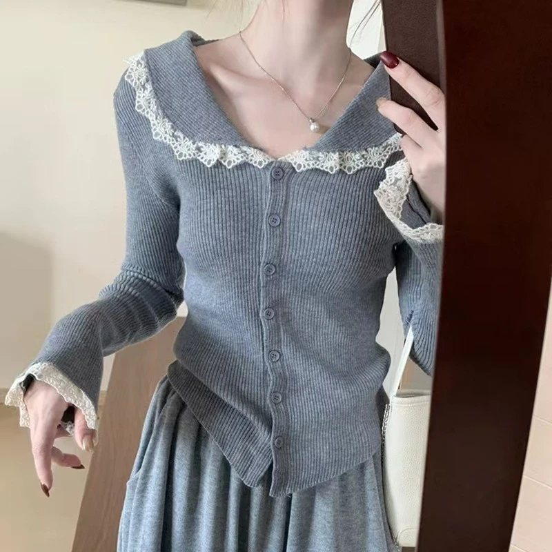 2025 Fall Women Long Sleeve Cardigan Knitted Top Autumn V-neck Sweet Korean Style Lace Sweater Elegant Casual Solid Knitwear