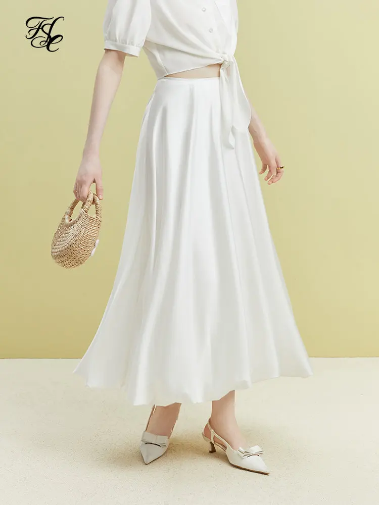 FSLE 새틴 해파리 오버사이즈 스커트, 지퍼 웨이스트, 드레이프 화이트 롱 스커트, 오피스 레이디 2023 단색, 심플한 미드 카프 스커트